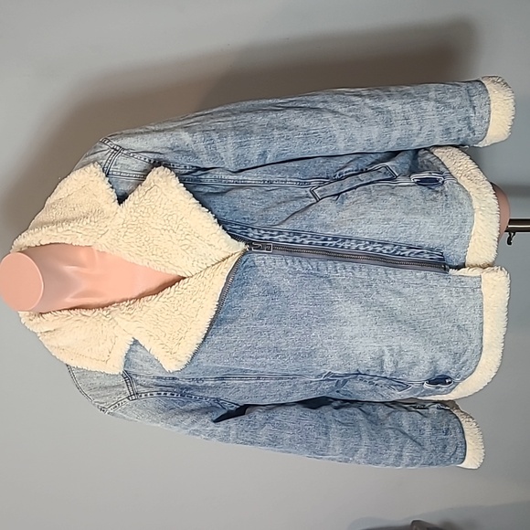 American Eagle Denim Elongated Moto Jacket Denim Shearling Comfy Size XL - Picture 1 of 10
